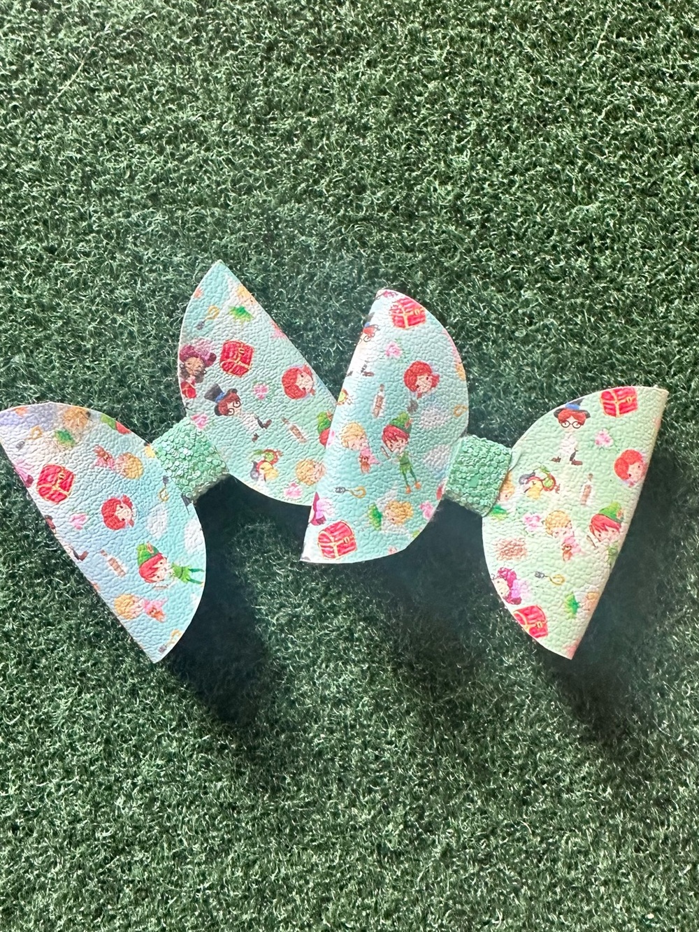 Kids Mint Green Peter Pan inspired  Print Hair Bow - Cute Girls' Accessory